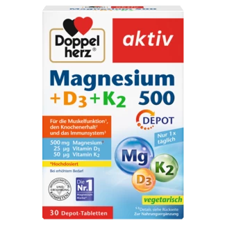 Abbildung der Produktverpackung Doppelherz aktiv Magnesium 500 + D3 + K2 Frontansicht